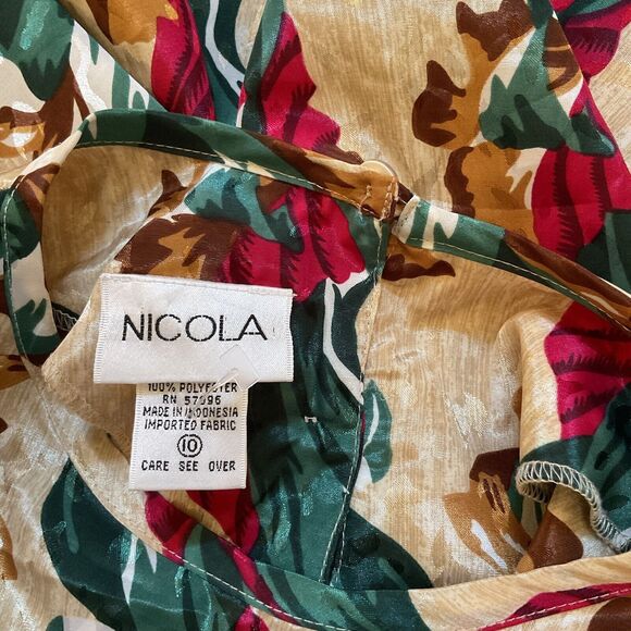 NICOLA Floral Print Blouse Pullover Long Sleeves Silky Beige Green Red, Size 10 - Picture 10 of 11